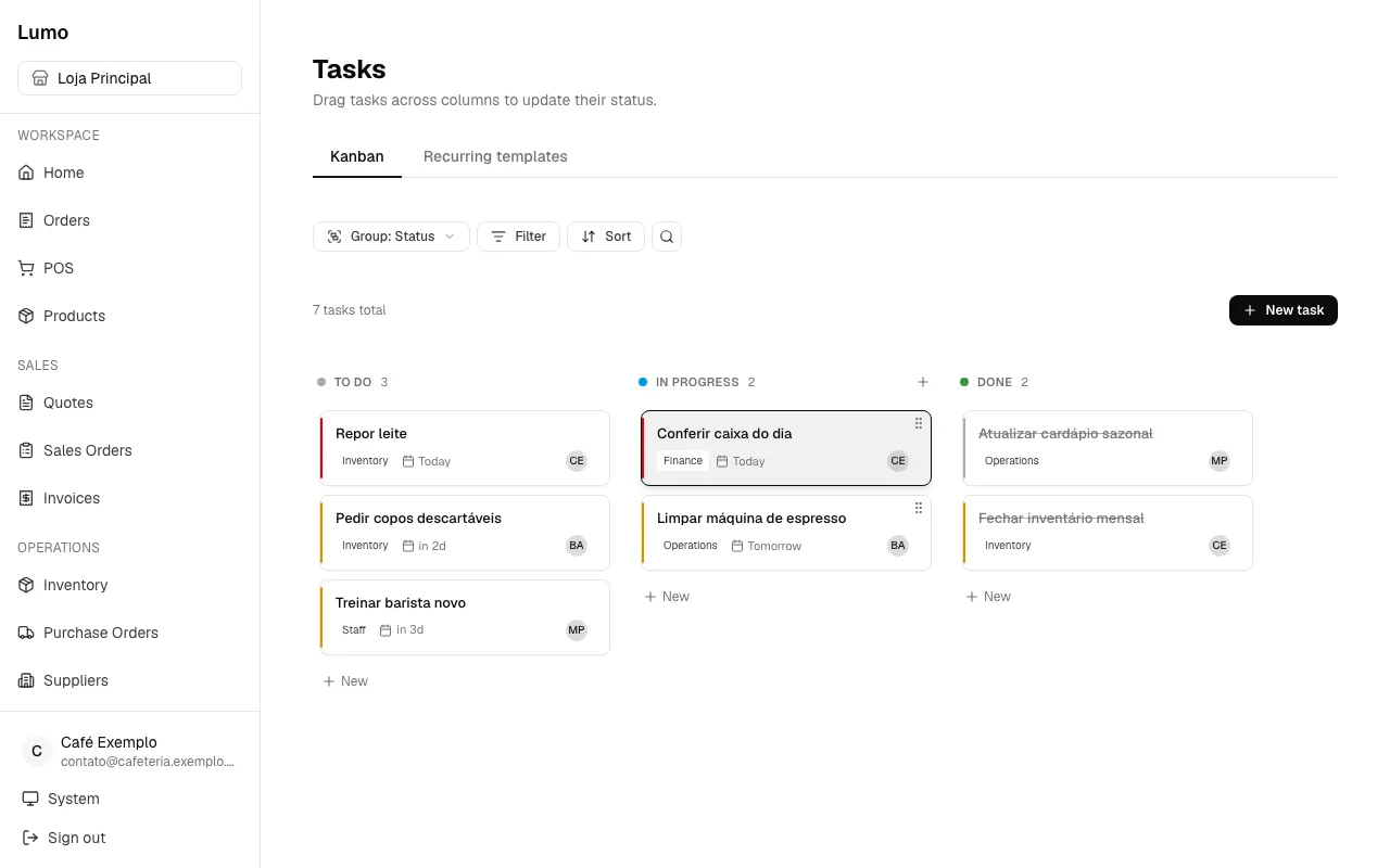 Quadro de tarefas (Kanban) no Lumo